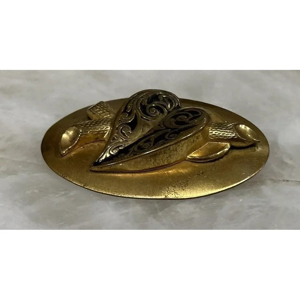 Vintage Victorian Revival Heart Brooch Gold Tone Dimensional